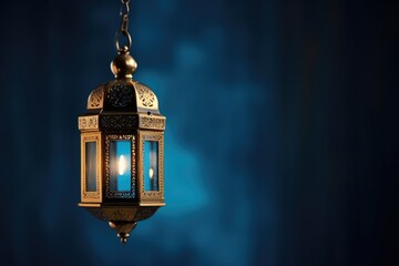 Fototapeta na wymiar Lantern hanging from a chain on a vibrant blue background. Perfect for adding a pop of color and a touch of elegance to any design project