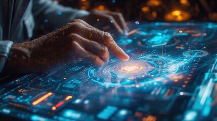 An elderly person's hand engages with a glowing futuristic interface full of holographic elements and complex circuits.