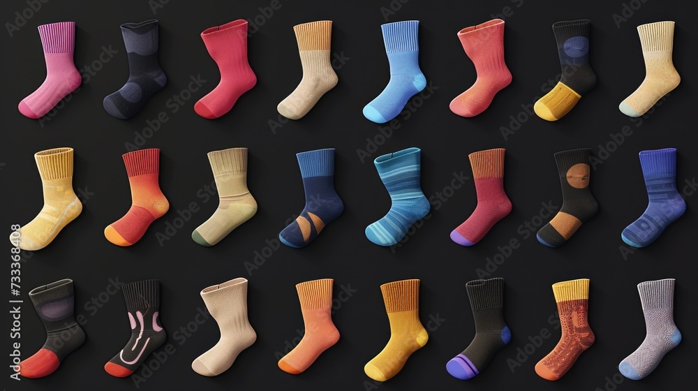 Poster A collection of various colored socks arranged neatly on a black surface. Ideal for fashion-related projects or showcasing different sock styles