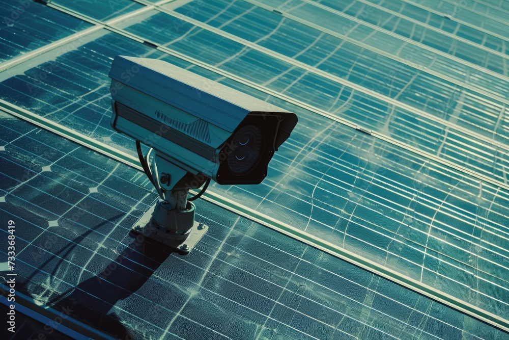 Poster A solar panel with a camera attached to it. This image can be used to showcase the combination of renewable energy and surveillance technology
