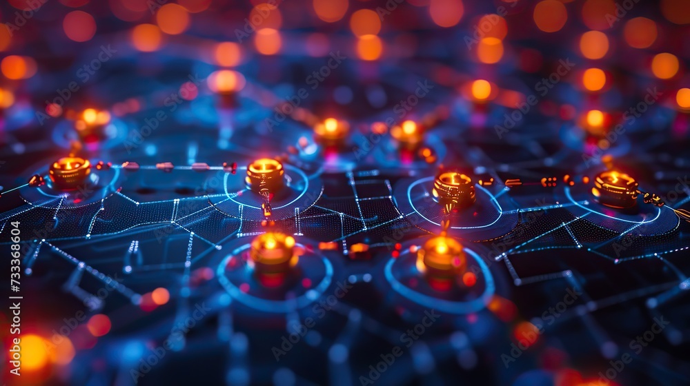 Poster high-detail visualization of a futuristic circuit board with complex connections and glowing red nod