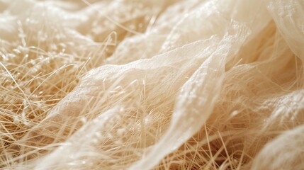 A soft focus on gossamer fibers intertwined with textured fabric, bathed in a warm, natural light.