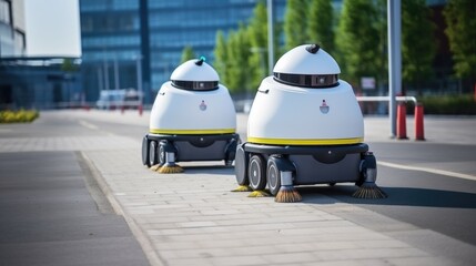 Futuristic robot cleaner on a city street, vacuum and mop the floor - 733368663