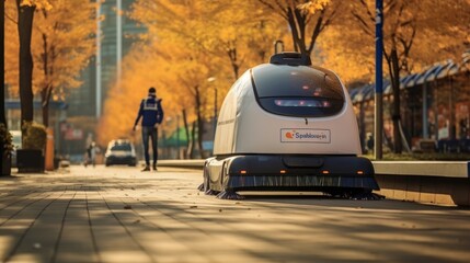 Futuristic robot cleaner on a city street, vacuum and mop the floor - 733368690