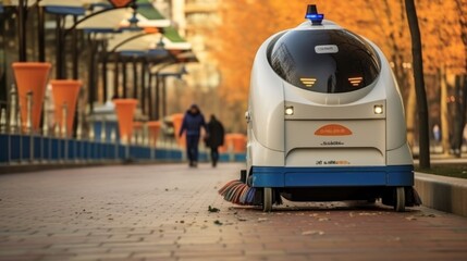 Futuristic robot cleaner on a city street, vacuum and mop the floor