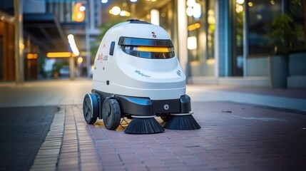 Futuristic robot cleaner on a city street, vacuum and mop the floor - 733368699