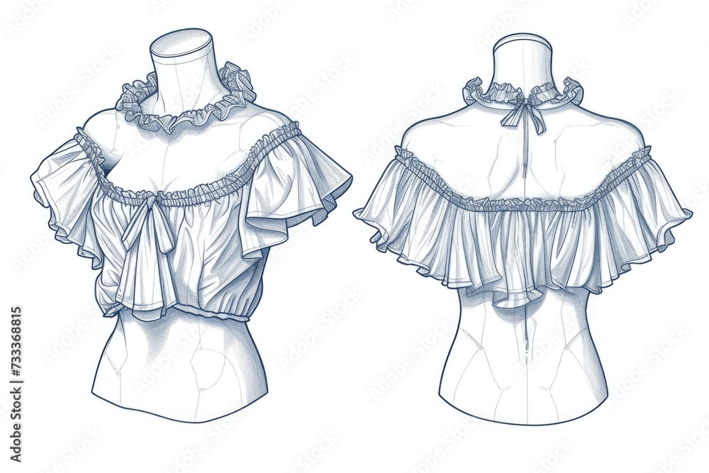 Poster a drawing of a blouse with stylish ruffles on the shoulders. perfect for adding a touch of elegance 
