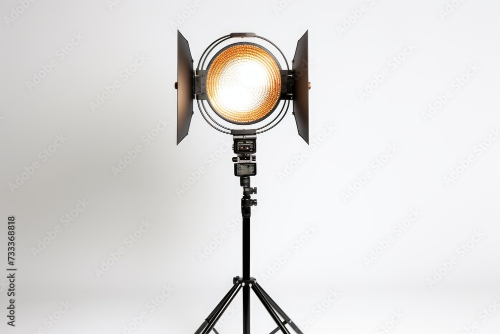 Poster A portable light fixture mounted on a tripod stand, providing a stable and adjustable source of illumination. Ideal for various professional and creative applications