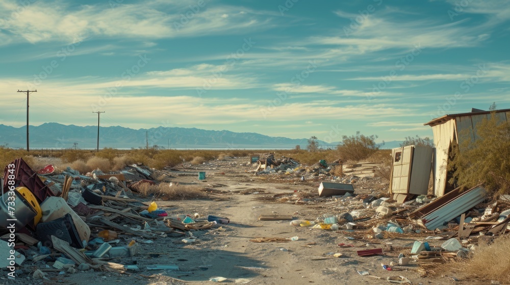 Poster A dirt road covered in a pile of trash. This image can be used to depict environmental pollution or the need for proper waste management