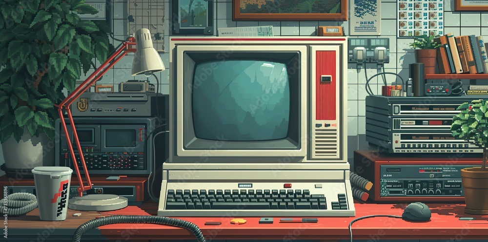 Poster a meticulously detailed setup showcasing a retro computer with a large crt monitor, surrounded by vi