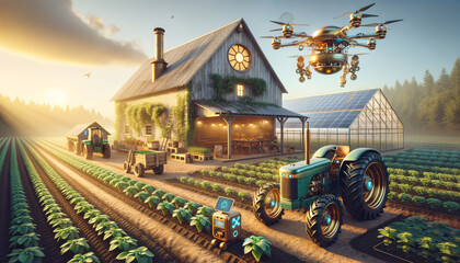 Steampunk-inspired agritech in serene farm landscape during golden hour