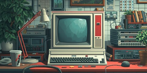 A meticulously detailed setup showcasing a retro computer with a large CRT monitor, surrounded by vintage electronics, gadgets, and office supplies, creating a nostalgic 80s tech workspace. - obrazy, fototapety, plakaty