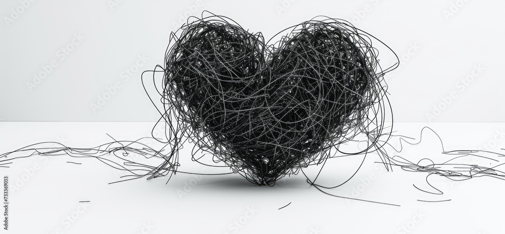 Poster a heart made out of black wire on a white surface. can be used for various creative projects