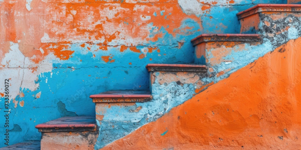 Poster a picture of an orange and blue wall with a set of stairs. suitable for architectural and interior d