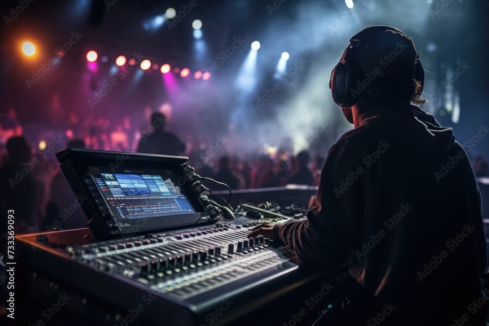 Poster a man is seen sitting at a mixing desk wearing headphones. this image can be used to depict a music 