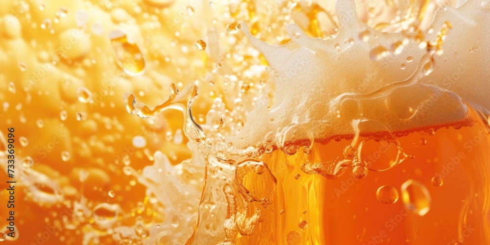 Poster A close-up view of a glass of beer. Perfect for showcasing the details and refreshing appeal of a cold beer. Ideal for use in advertisements, menus, or any design related to beverages