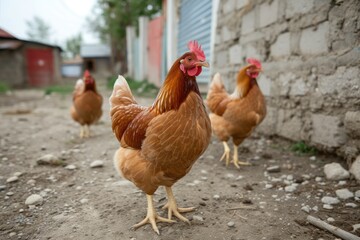 A group of chickens standing together on a dirt ground. Suitable for farm, agriculture, or animal-related projects