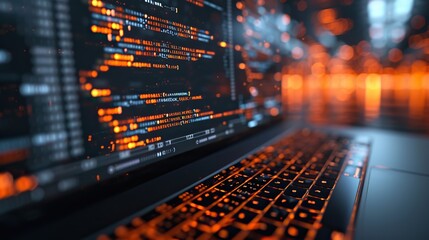 Close-up of a laptop keyboard with a screen showing programming code in an orange and black interface, symbolizing software development.