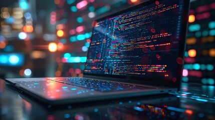 Side view of a modern laptop on a desk with a colorful display of programming code, reflecting the vibrant life of a software developer.