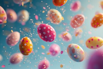 Fototapeta na wymiar Colorful Easter eggs suspended in mid-air. Perfect for Easter-themed designs and decorations