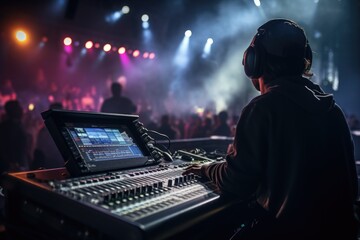 A man is seen sitting at a mixing desk wearing headphones. This image can be used to depict a music producer or sound engineer working in a studio - obrazy, fototapety, plakaty