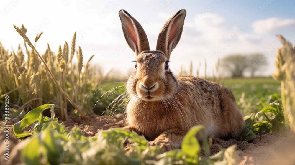 Poster a rabbit sitting in the middle of a field. suitable for nature and animal-related projects