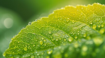 Sunlight filters through, highlighting the delicate dew drops along the serrated edge of a bright green leaf, emphasizing its intricate pattern.