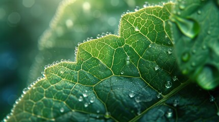 Obraz premium Macro photography of fresh morning dew captured as sparkling droplets clinging to the vibrant edges of lush green leaves.