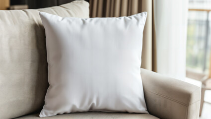 Close-up of a white linen pillow. Harmoniously decorative depiction of a minimalist living room chair with a pillow in the cozy home