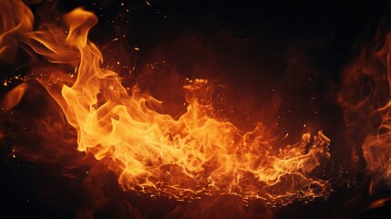 A close-up view of a fire on a black background. This image can be used to depict warmth, energy, or danger. Ideal for use in various design projects