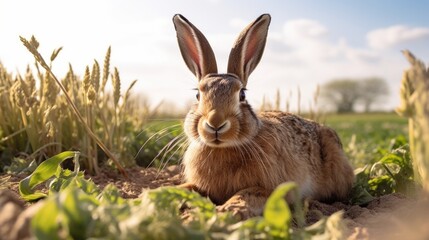 A rabbit sitting in the middle of a field. Suitable for nature and animal-related projects