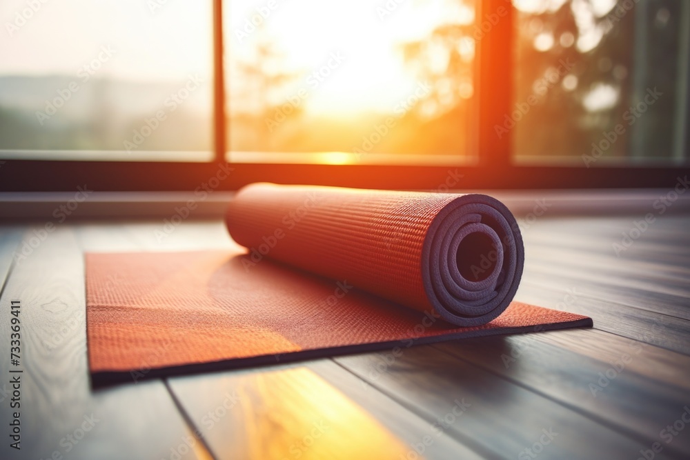 Poster yoga mat placed on a wooden floor in front of a window. suitable for fitness and relaxation concepts