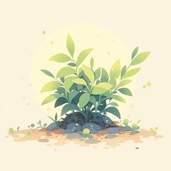 Vibrant Illustrated Greenery with Sunlight and Stones in a Pastel Setting