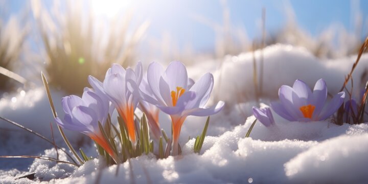 A group of purple flowers sitting on top of snow covered ground. This image can be used to depict the beauty of nature in winter