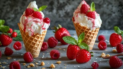 Strawberry and raspberry cottage cheese ice cream cones on dark background, frozen trendy food banner. Fruit-topped cottage cheese ice cream in waffle cones, slate background. Low fat desserts concept