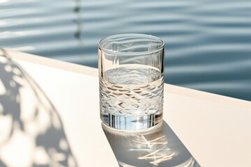 Fresh pure water glass with sunlight and shadow. - obrazy, fototapety, plakaty