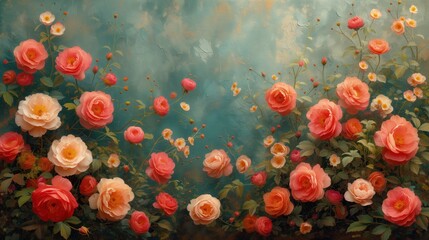 Malarstwo bukietu róż na ścianie - obrazy, fototapety, plakaty