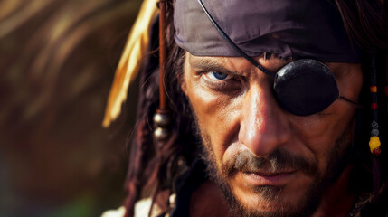 Pirate, 17th - 18th century, Caribbean region - stern-faced man with eye patch and bandana, gritty and detailed