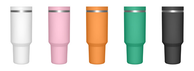 Thermo cup with lid. 3d mockup of a travel tumbler. Set of white, pink, orange, green and black mugs. Thermos template	