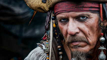 Pirate, 17th - 18th century, Caribbean region - stern-faced man with tricorn hat, gritty and detailed 