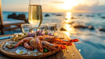Celebration dish dinner with shrimp and champagne wallpaper background