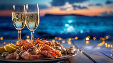 Celebration dish dinner with shrimp and champagne wallpaper background