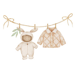 Baby clothes hanging on a rope isolated on white background. Watercolor hand drawn illustration. Kids clothing, eucalyptus branch. Perfect for cards, invitations and packaging.