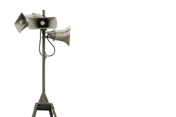Horn speaker on top of a pole. Loudspeaker in stadium on white background