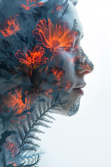 A delicate double exposure image blending a woman's profile with vibrant orange flowers and fern leaves, conveying a deep connection to the natural world through a striking visual harmony