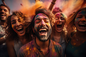 Happy group of people celebrating Holi the Festival of Colours - obrazy, fototapety, plakaty