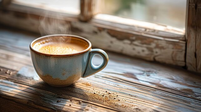 A steaming cup of coffee rests near a rustic window with steam creating a welcoming and comforting scene. Cup of coffee under soft sunlight in serene scene.