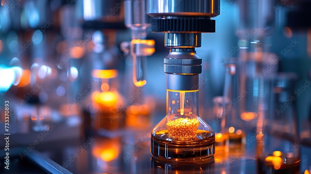 Aufkleber close-up view of a laboratory flask containing orange beads, under a microscope in a high-tech resea