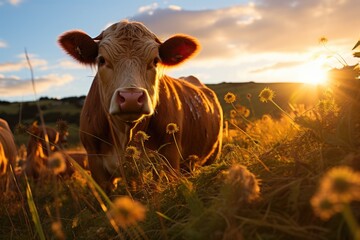 Cows and bulls on beautiful land, eco organic. - 733370839