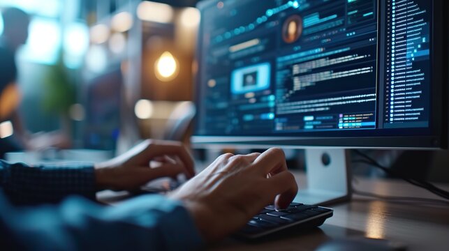A programmer types code on a keyboard with multiple displays showing complex programming software and scripts.